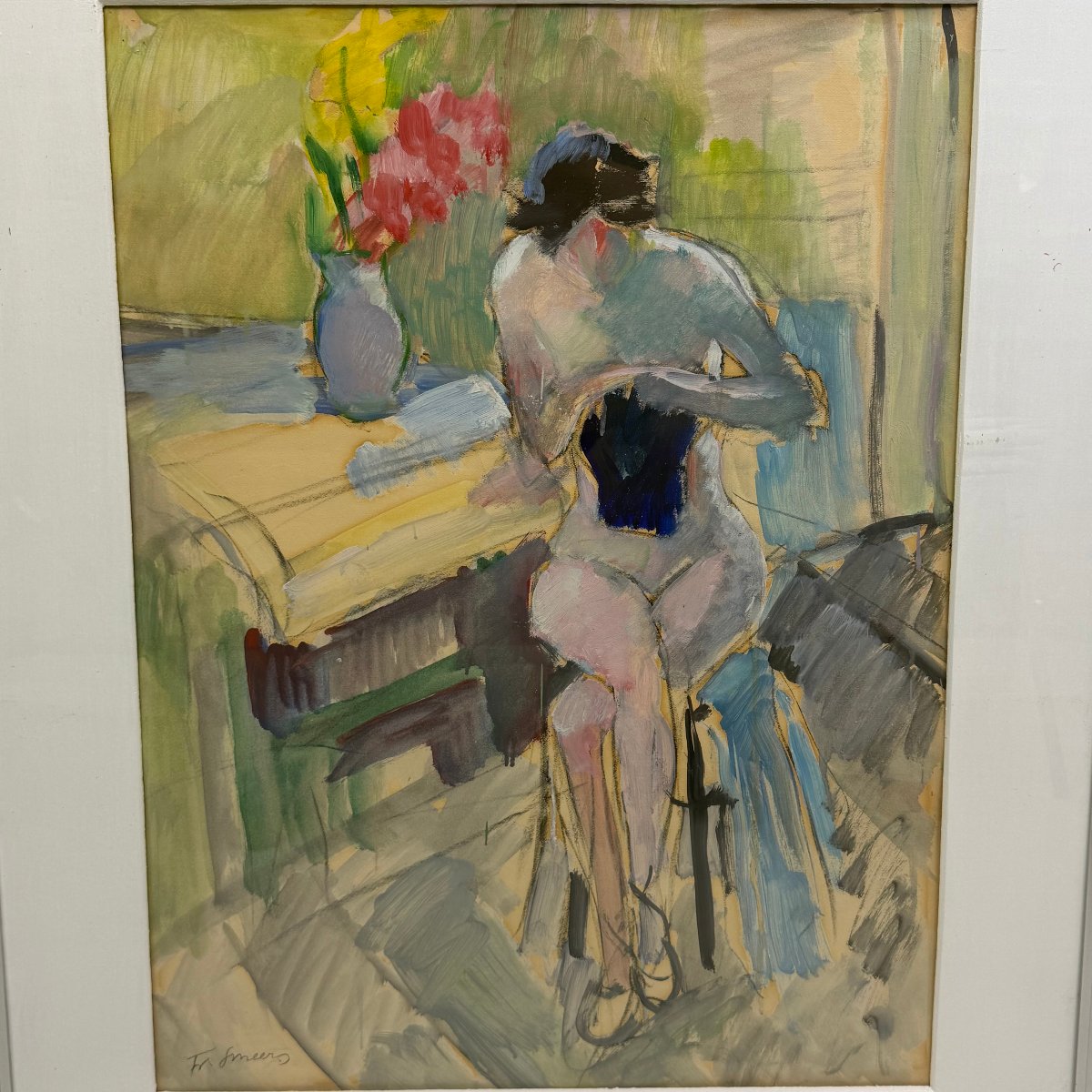 Watercolour Painting “seated Nude” By Frans Smeers -photo-4
