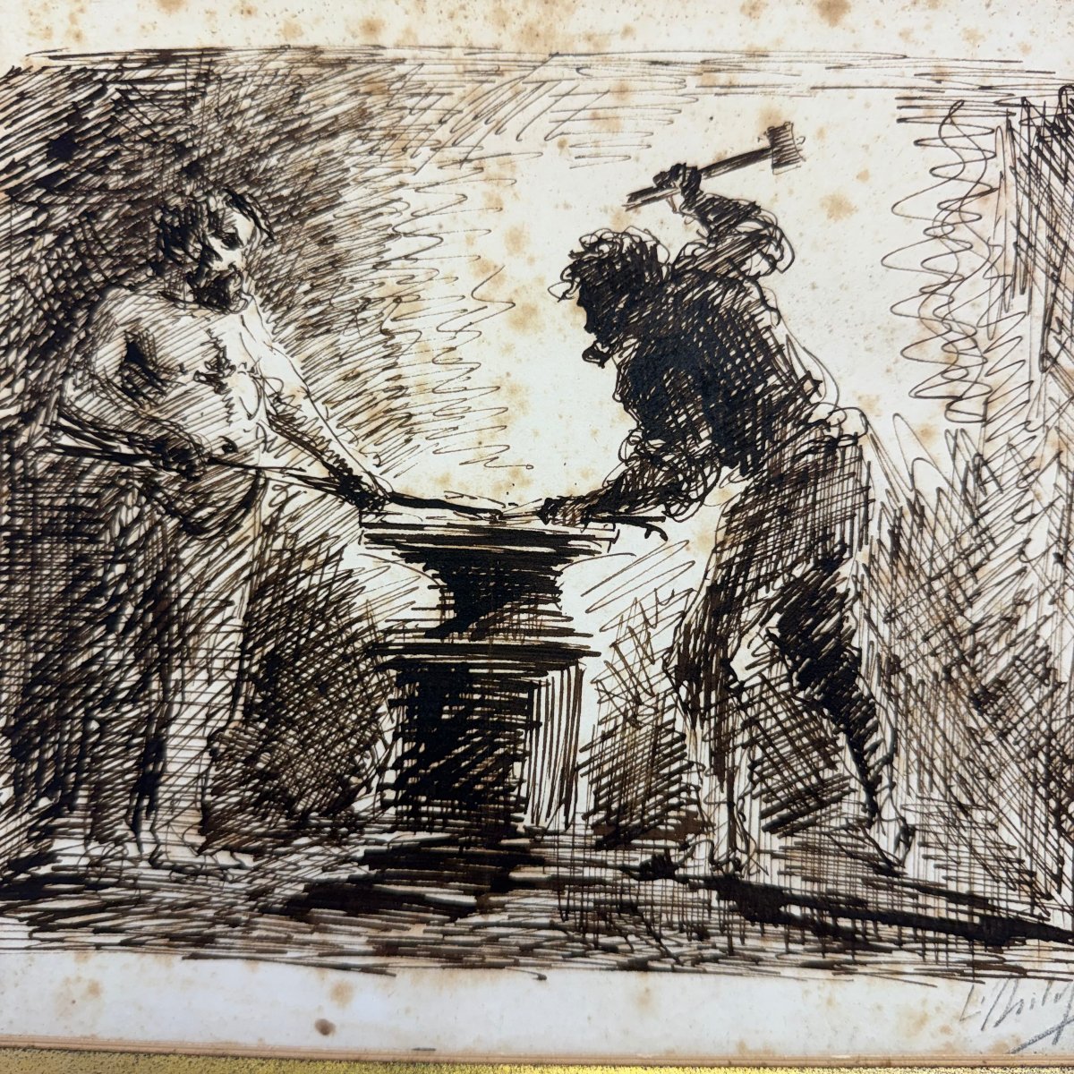 Ink Drawing Depicting Blacksmiths, By Félix Philippoteaux -photo-3