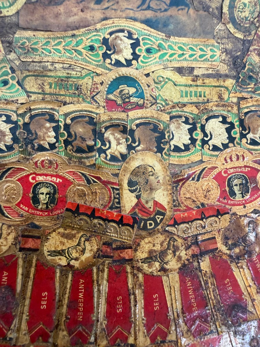  Art du collage, miroir recouvert de bagues de cigares -photo-6