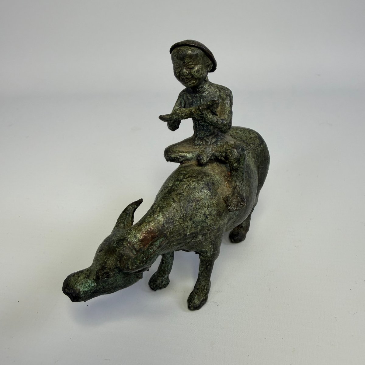 Ancient Chinese Bronze Sculpture Depicting A Shepherd Riding A Water Buffalo -photo-2