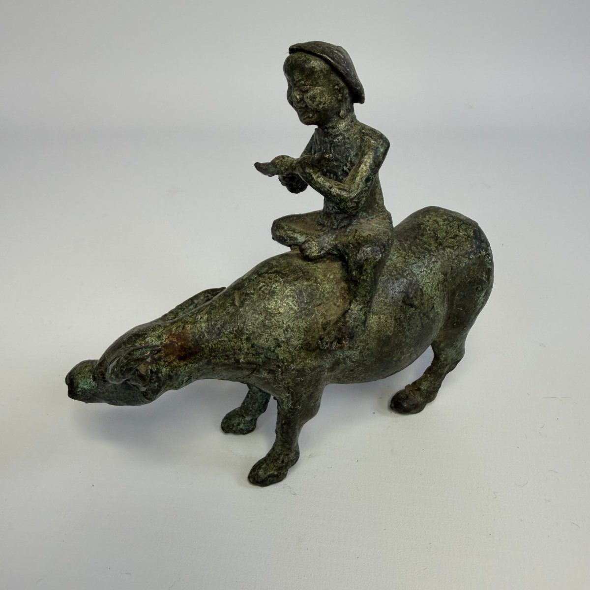 Ancient Chinese Bronze Sculpture Depicting A Shepherd Riding A Water Buffalo -photo-2