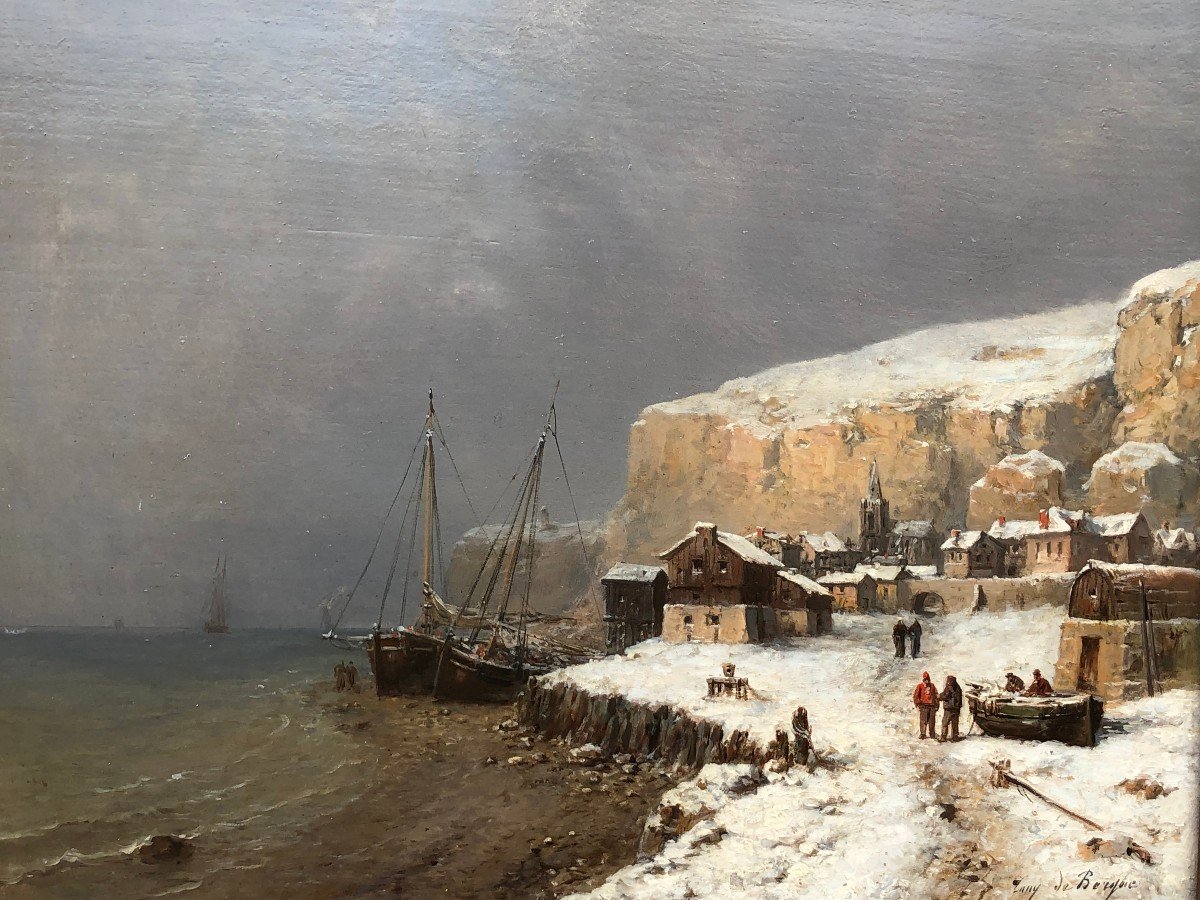 De Bergue Tony François French School 19th Snowy Normandy Coast Oil Signed Certificat-photo-3
