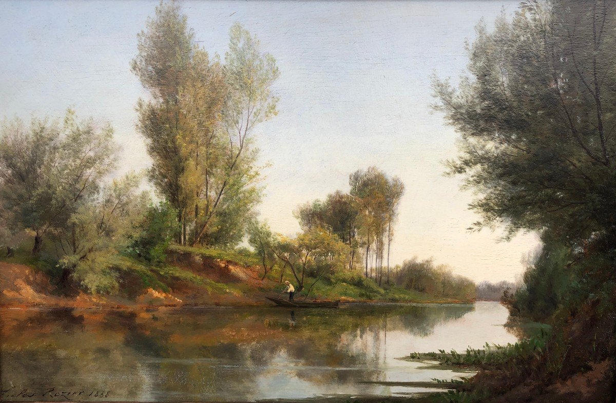 Rozier Jules French Painting 19th Boatman In Colombes In 1858 Oil Signed Certificat-photo-3