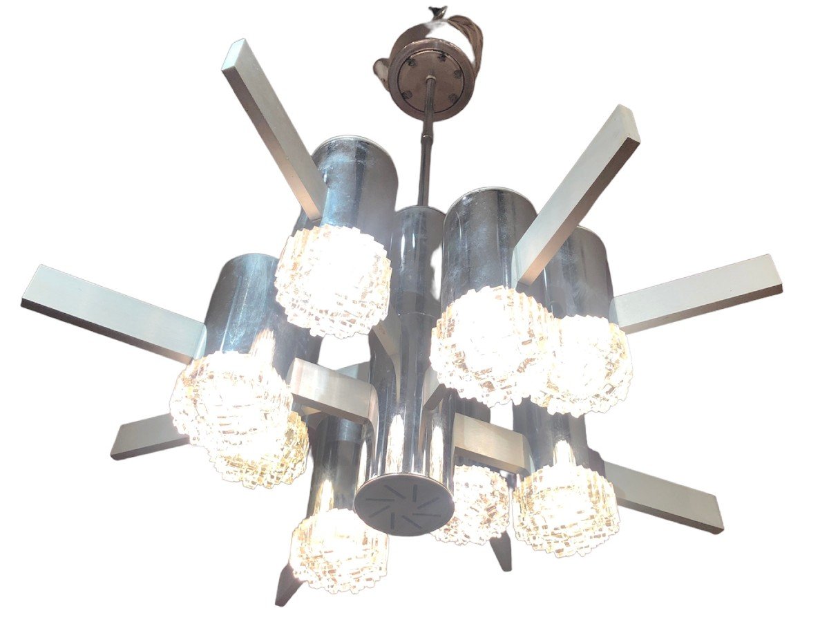 Starry Suspension In Brushed Steel And Chromed Metal With 8 Arms Of Light-photo-2