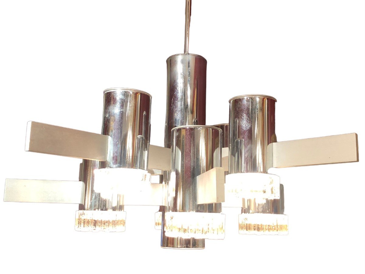 Starry Suspension In Brushed Steel And Chromed Metal With 8 Arms Of Light-photo-1