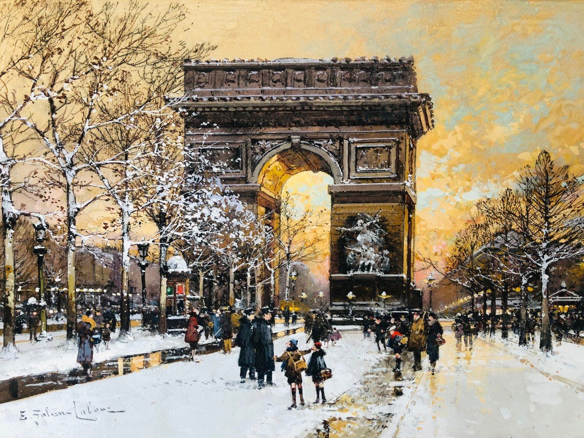 Galien Laloue Tableau 20è Paris Animation Champs Elysées Place De L’etoile Gouache Signée ​​​​​​​Certificat-photo-3