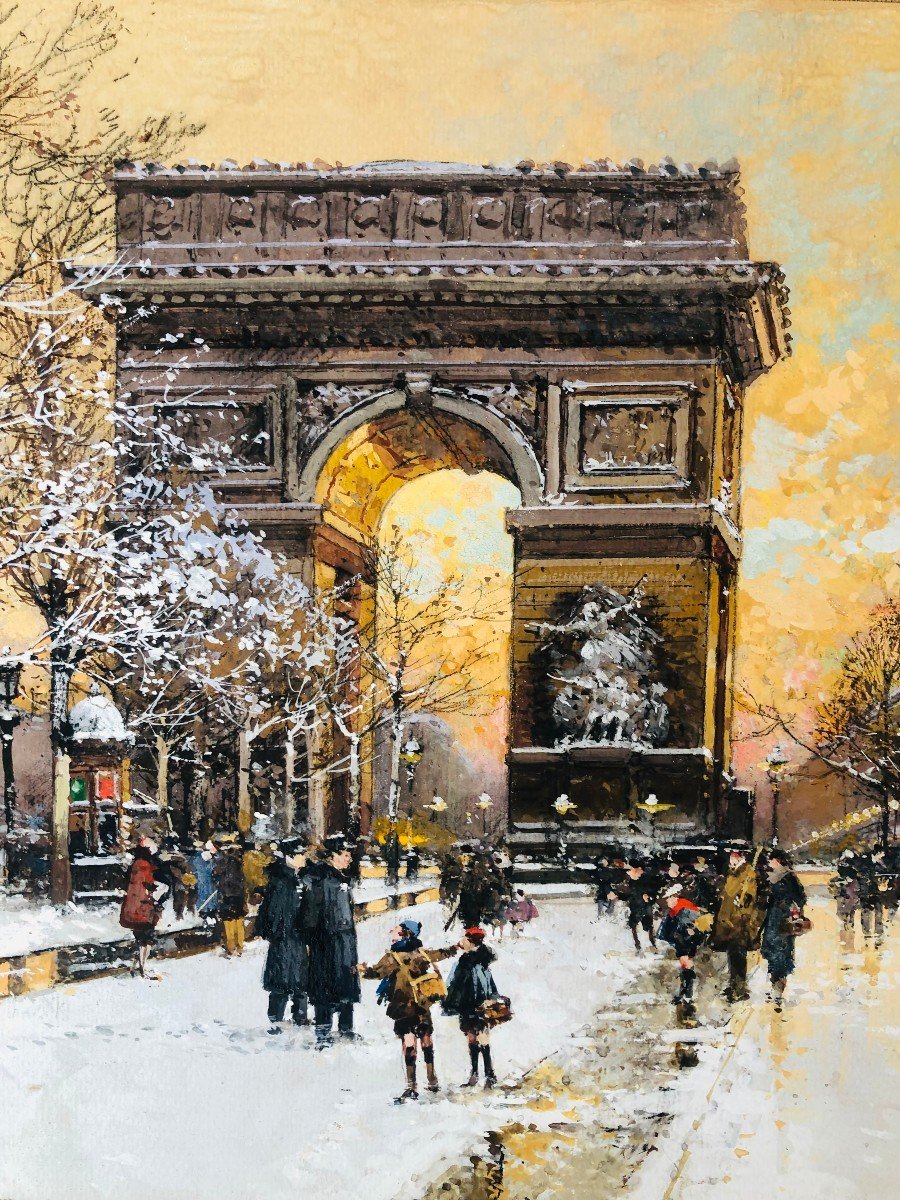 Galien Laloue Tableau 20è Paris Animation Champs Elysées Place De L’etoile Gouache Signée ​​​​​​​Certificat-photo-3