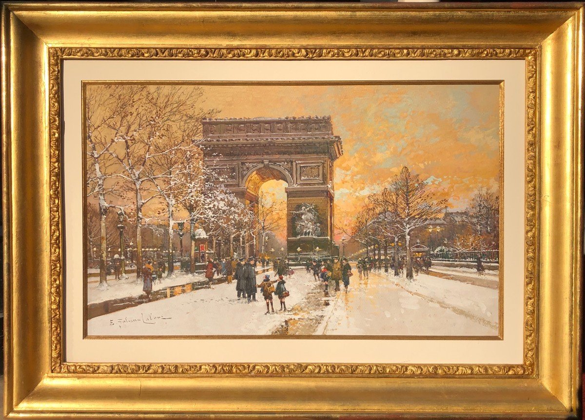 Galien Laloue Tableau 20è Paris Animation Champs Elysées Place De L’etoile Gouache Signée ​​​​​​​Certificat