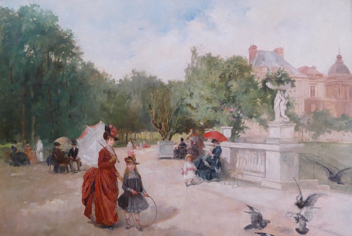 De Paredes Vincent Animation In The Luxembourg Garden Oil On Canvas Signed ​​​​​​​certificat-photo-2