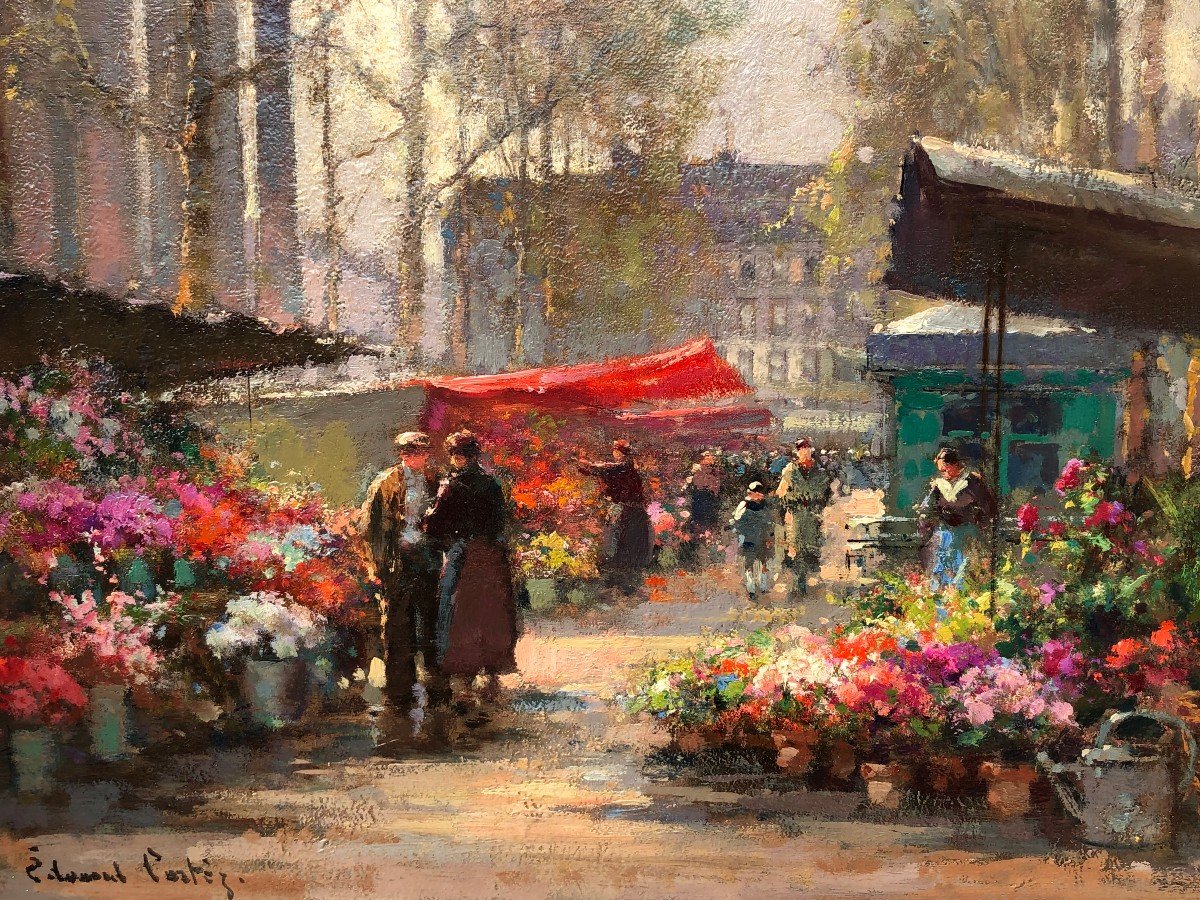 Cortes Edouard French Painting The Flower Market Of La Madeleine Oil On Panel Signed-photo-2