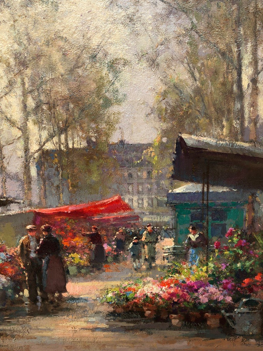 Cortes Edouard French Painting The Flower Market Of La Madeleine Oil On Panel Signed-photo-3