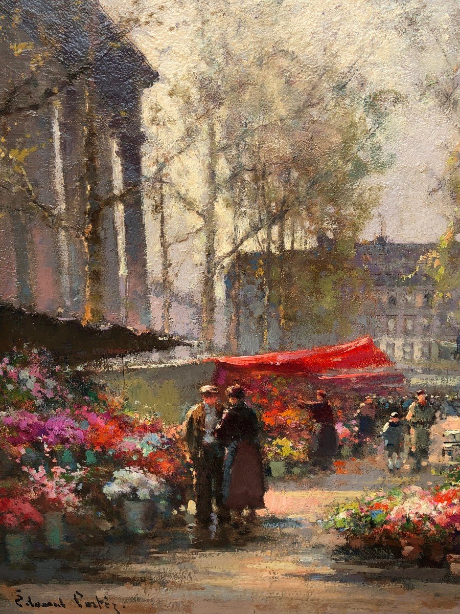 Cortes Edouard French Painting The Flower Market Of La Madeleine Oil On Panel Signed-photo-4