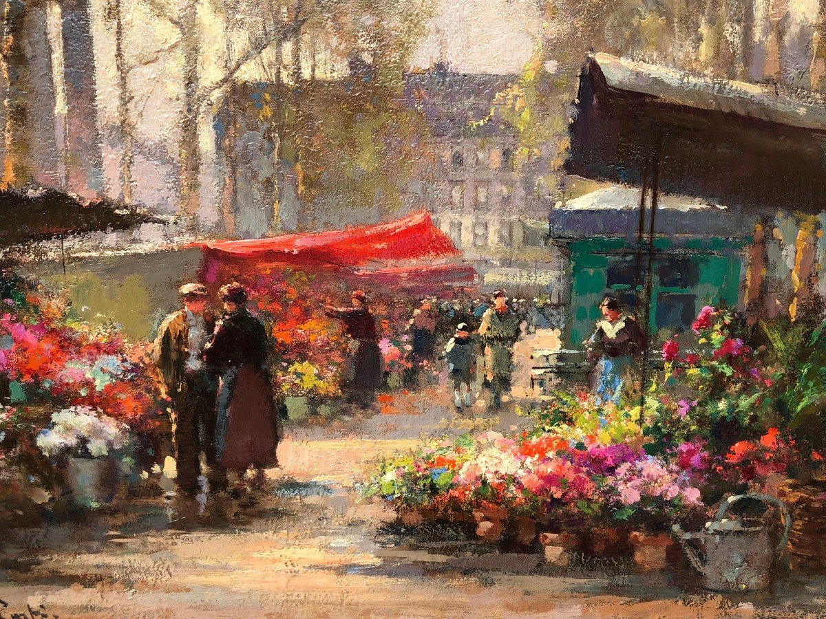 Cortes Edouard French Painting The Flower Market Of La Madeleine Oil On Panel Signed-photo-1