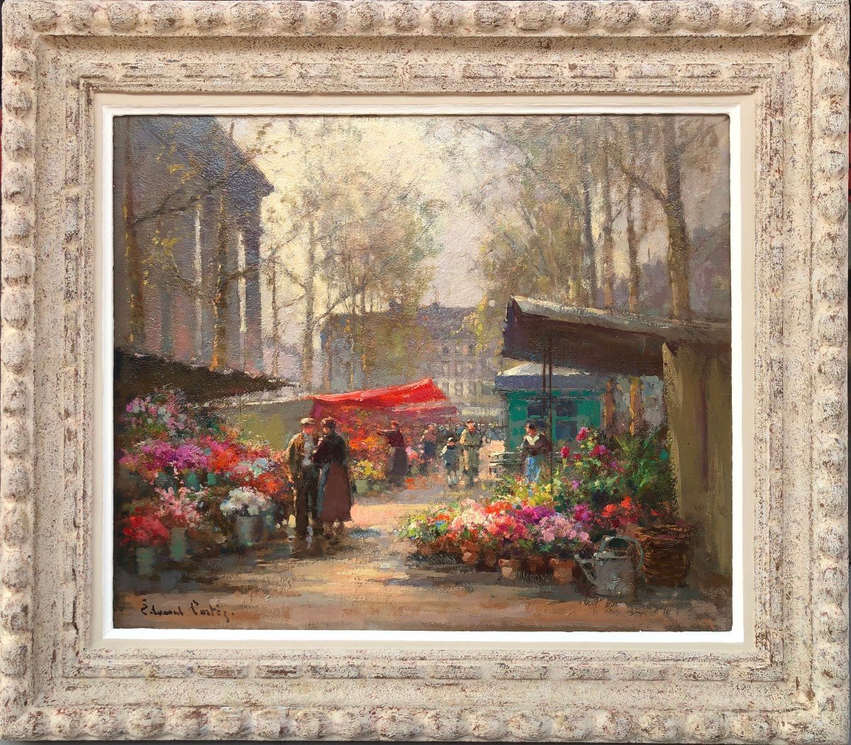 Cortes Edouard French Painting The Flower Market Of La Madeleine Oil On Panel Signed