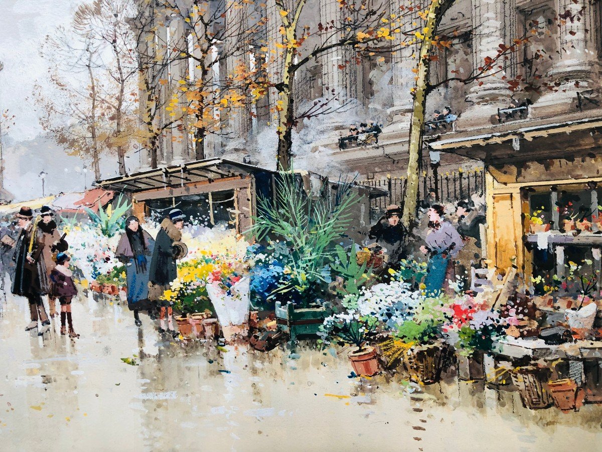 Galien Laloue Peinture 20è Paris Le Marché Aux Fleurs De La Madeleine Gouache Aquarellée Signée-photo-1
