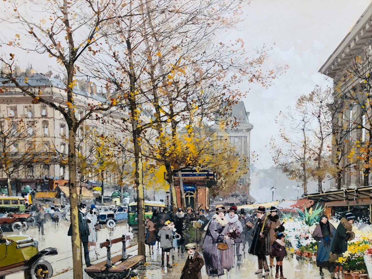 Galien Laloue Peinture 20è Paris Le Marché Aux Fleurs De La Madeleine Gouache Aquarellée Signée-photo-3