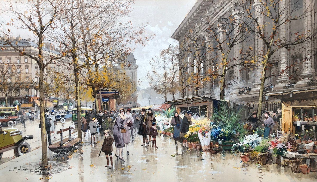 Galien Laloue Peinture 20è Paris Le Marché Aux Fleurs De La Madeleine Gouache Aquarellée Signée-photo-4