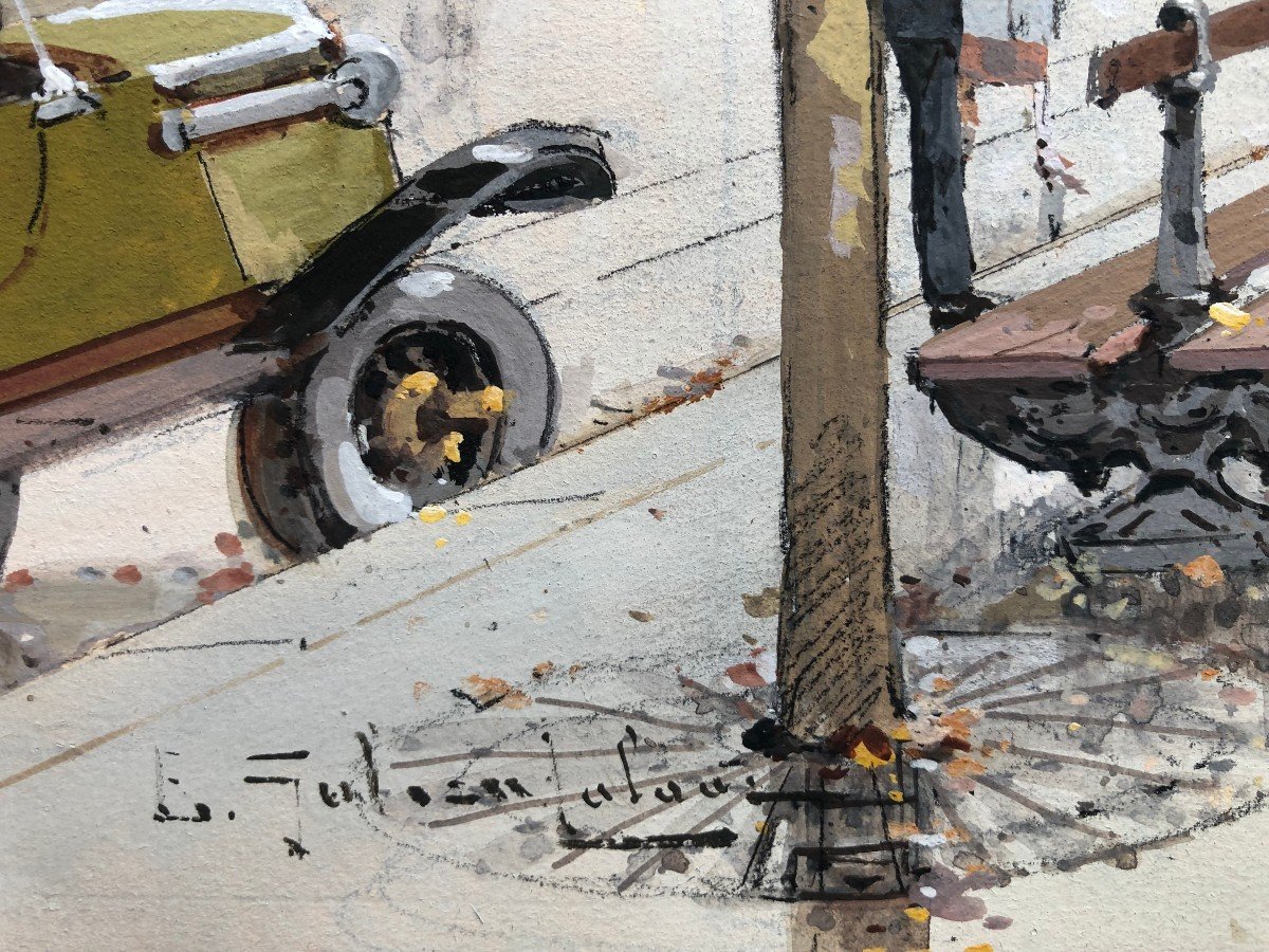 Galien Laloue Peinture 20è Paris Le Marché Aux Fleurs De La Madeleine Gouache Aquarellée Signée-photo-5