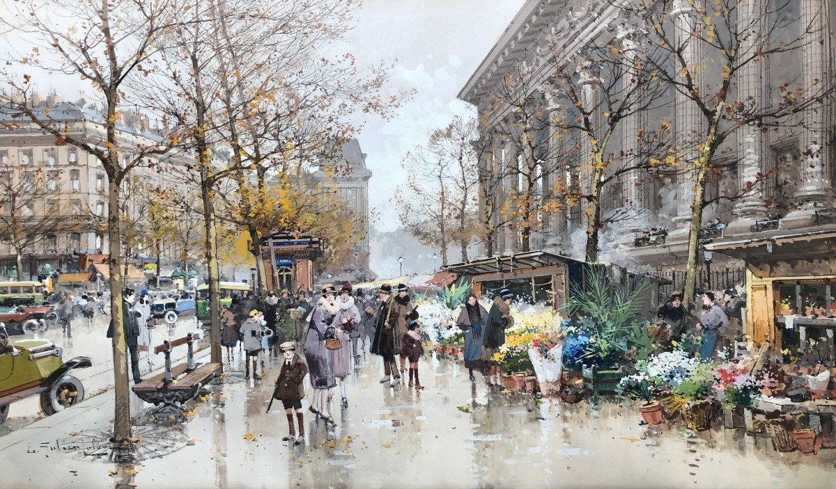 Galien Laloue Peinture 20è Paris Le Marché Aux Fleurs De La Madeleine Gouache Aquarellée Signée-photo-6