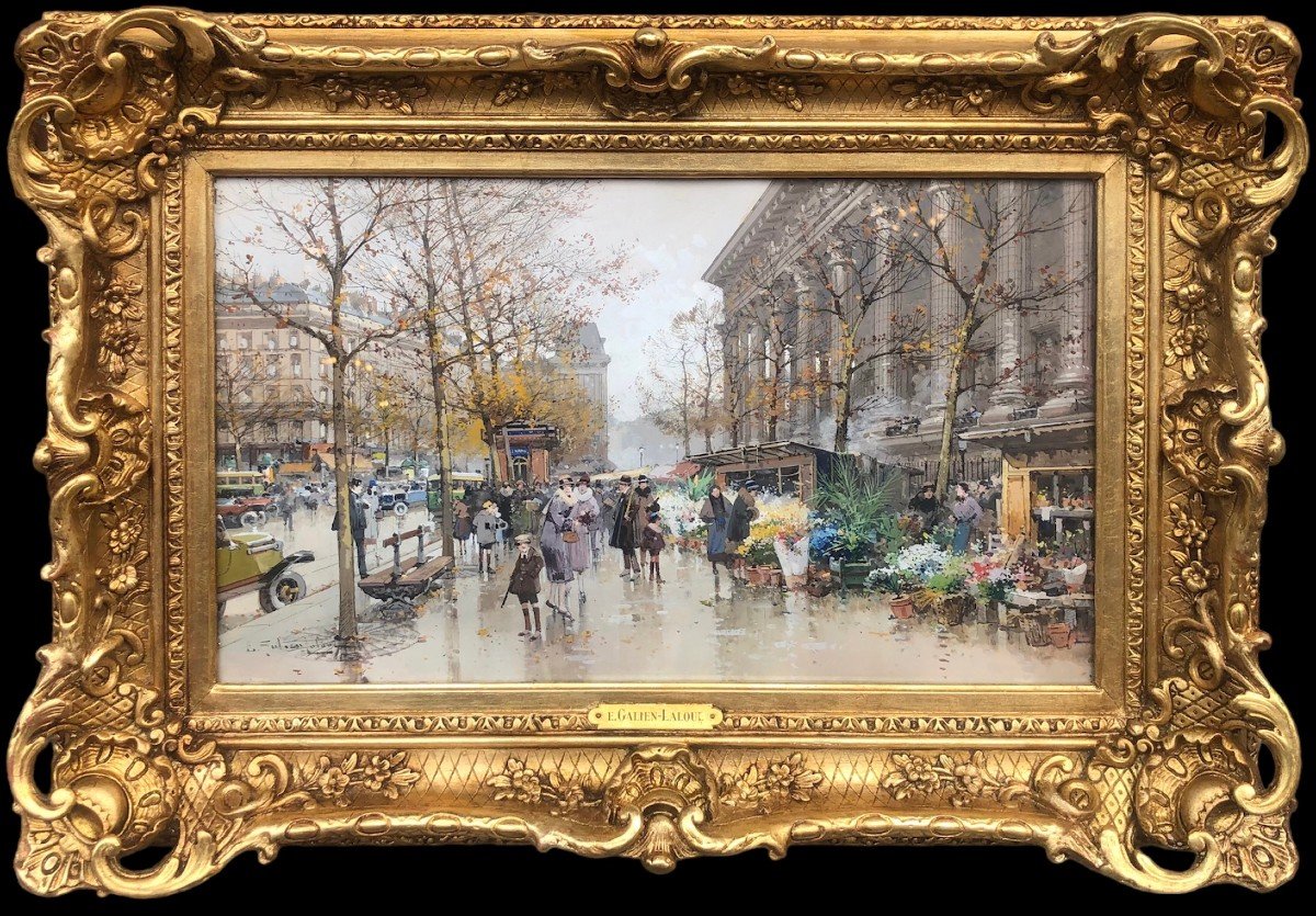Galien Laloue Peinture 20è Paris Le Marché Aux Fleurs De La Madeleine Gouache Aquarellée Signée-photo-7