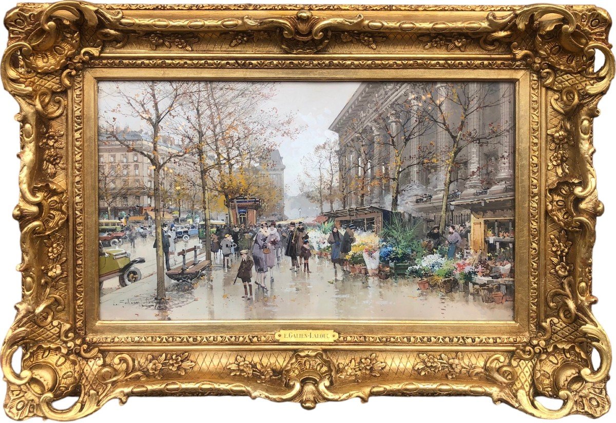 Galien Laloue Peinture 20è Paris Le Marché Aux Fleurs De La Madeleine Gouache Aquarellée Signée