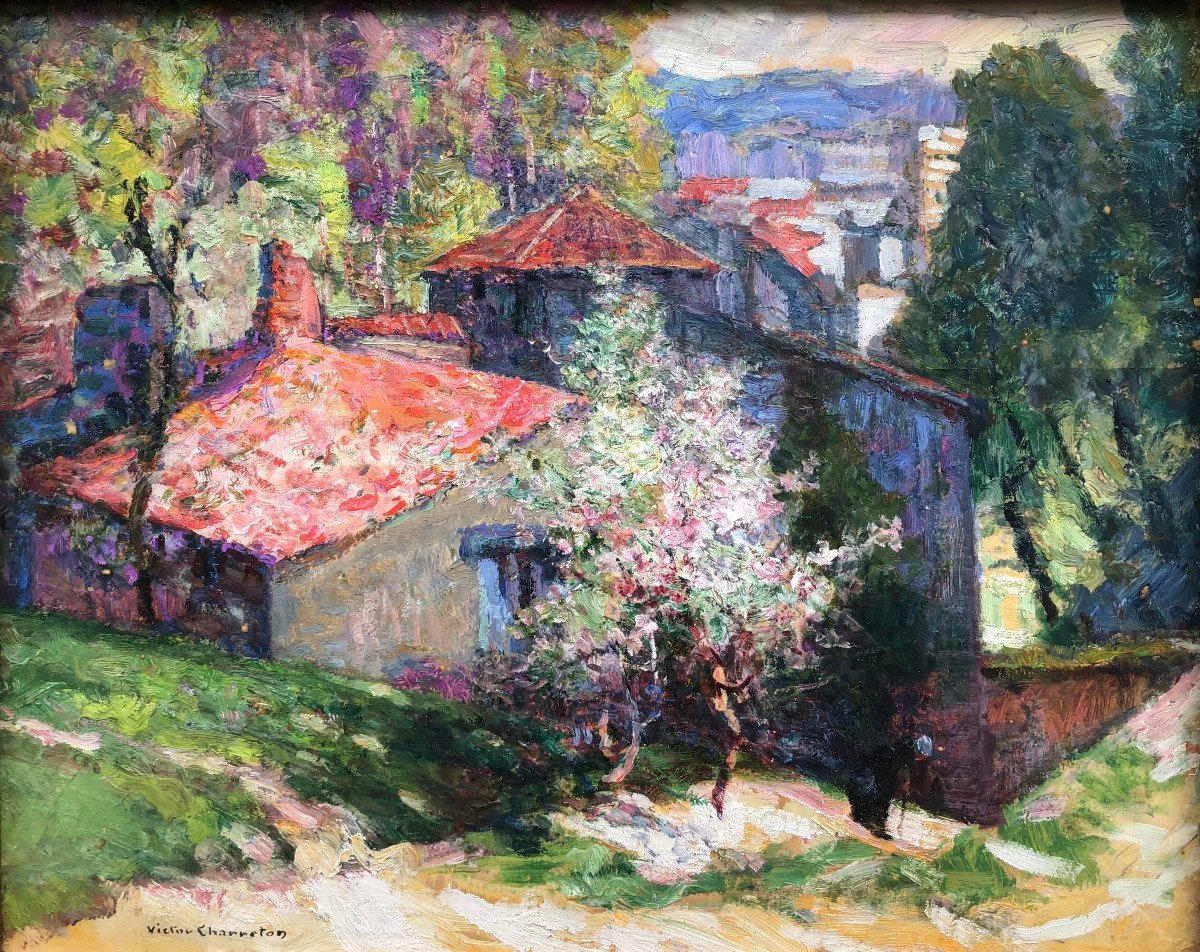 Charreton Victor French Painting 20th Century Auvergne Village Oil Signed Certificate-photo-2