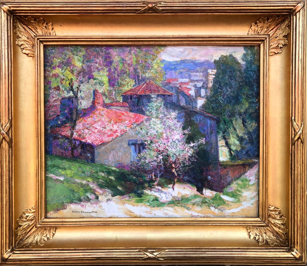 Charreton Victor French Painting 20th Century Auvergne Village Oil Signed Certificate