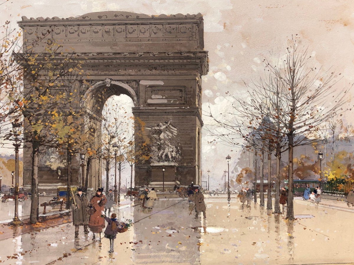 Galien Laloue French Painting 20th Paris Animation Champs Elysées And Arc De Triomphe Gouache-photo-2