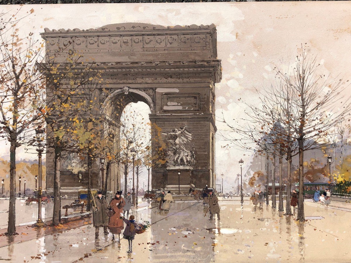 Galien Laloue French Painting 20th Paris Animation Champs Elysées And Arc De Triomphe Gouache-photo-3