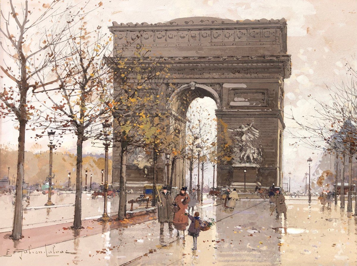 Galien Laloue French Painting 20th Paris Animation Champs Elysées And Arc De Triomphe Gouache-photo-4