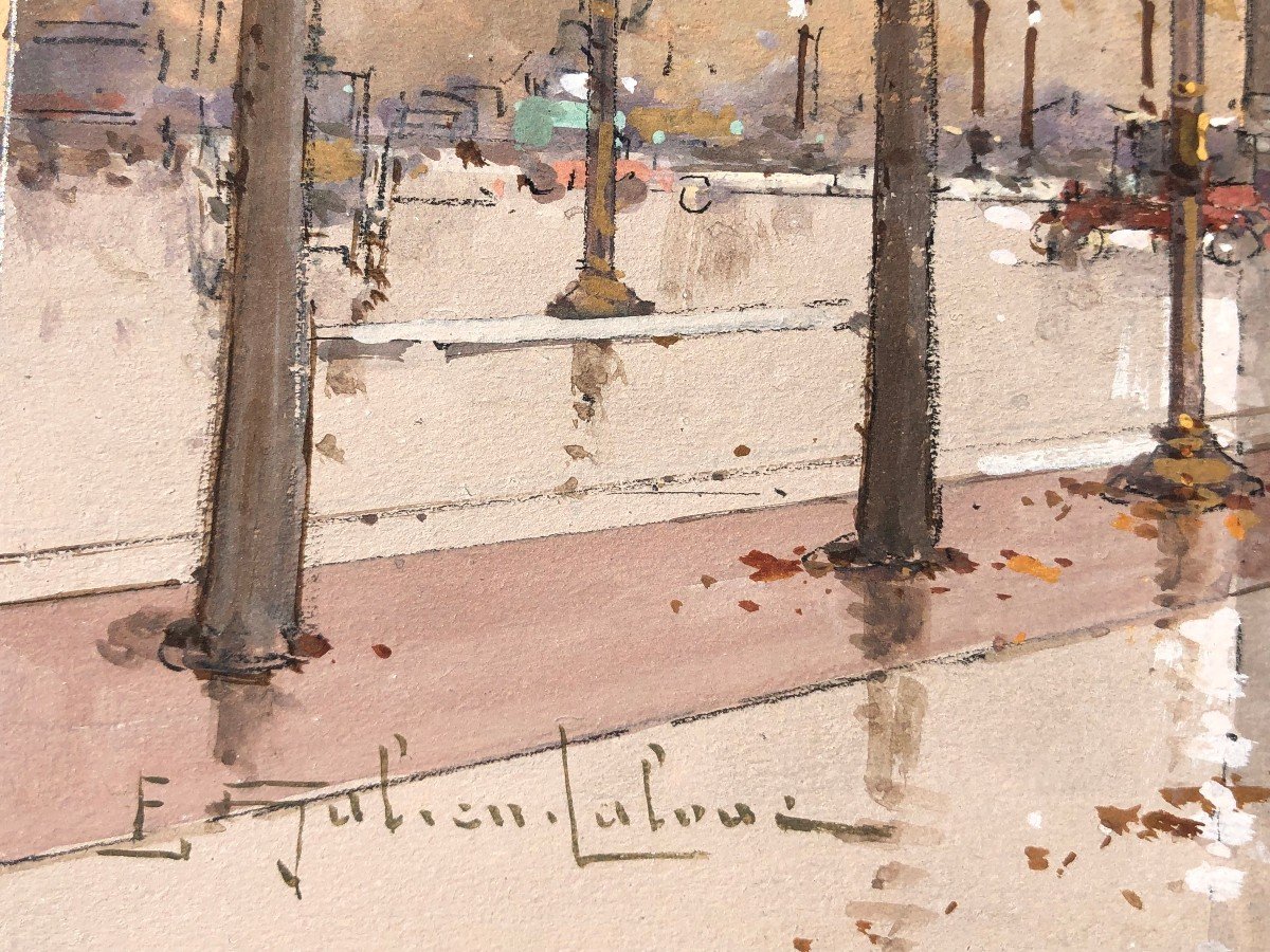 Galien Laloue French Painting 20th Paris Animation Champs Elysées And Arc De Triomphe Gouache-photo-1