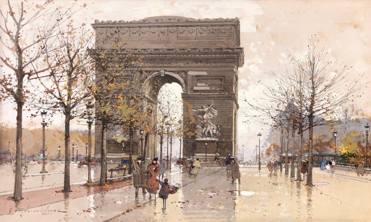 Galien Laloue French Painting 20th Paris Animation Champs Elysées And Arc De Triomphe Gouache-photo-3