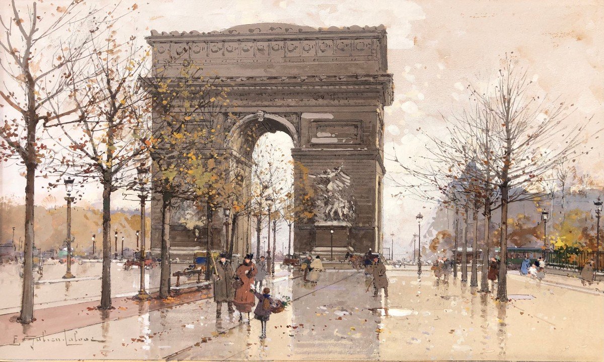 Galien Laloue French Painting 20th Paris Animation Champs Elysées And Arc De Triomphe Gouache-photo-4