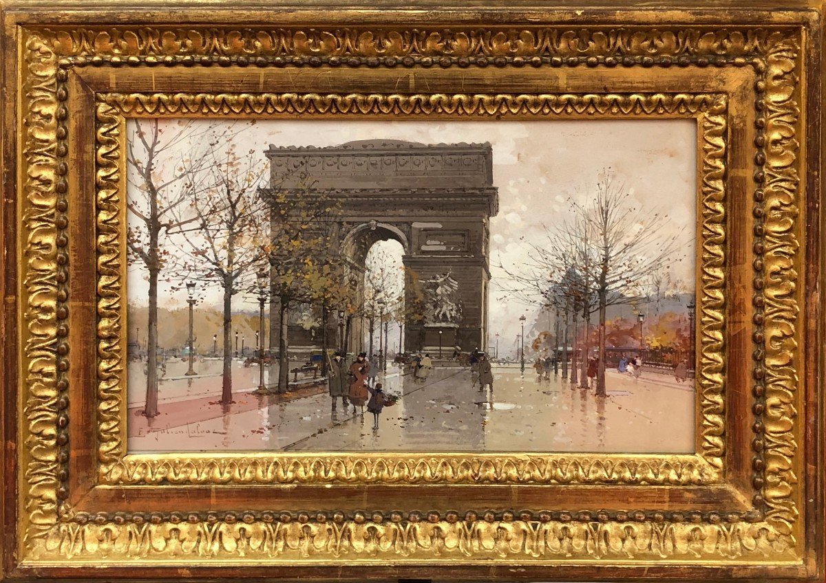 Galien Laloue French Painting 20th Paris Animation Champs Elysées And Arc De Triomphe Gouache-photo-5