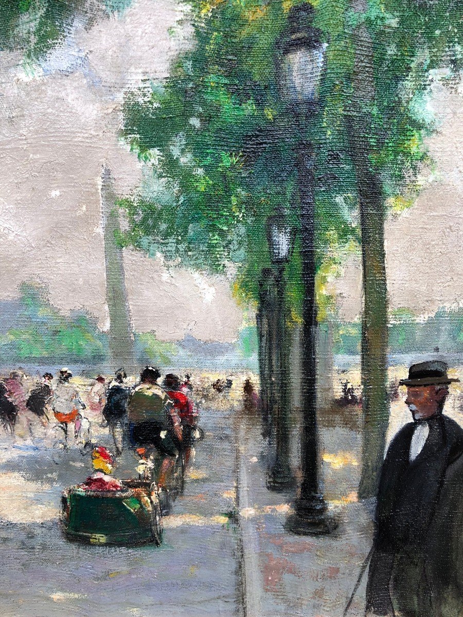 Herve Jules Impressionist Painting 20th Animation Champs Elysées Oil Canvas Signed Certificate-photo-2