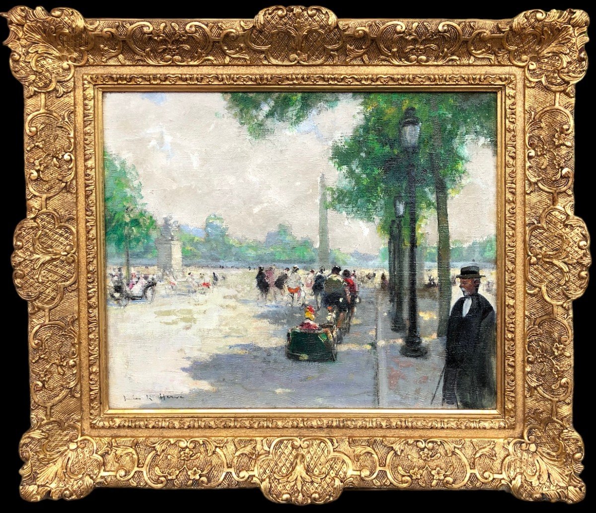 Herve Jules Impressionist Painting 20th Animation Champs Elysées Oil Canvas Signed Certificate-photo-6
