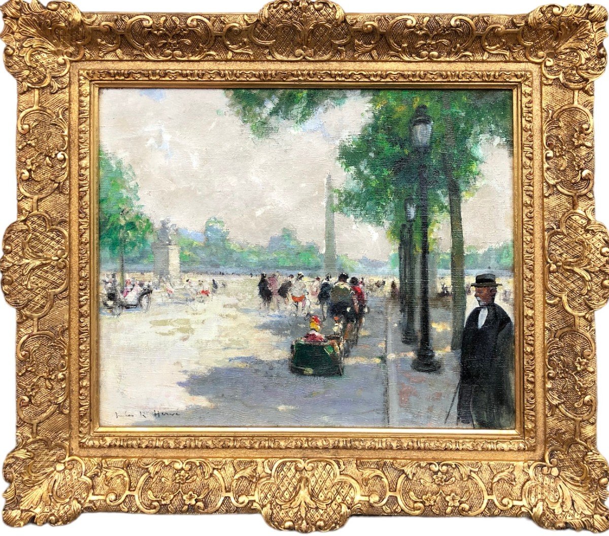 Herve Jules Impressionist Painting 20th Animation Champs Elysées Oil Canvas Signed Certificate