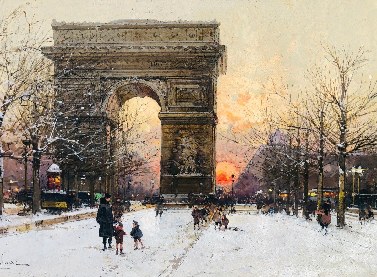 Galien Laloue French Painting 20th Paris The Champs Elysées And The Arc De Triomphe In Winter Gouache Signed Certificate Of Authenticity-photo-4