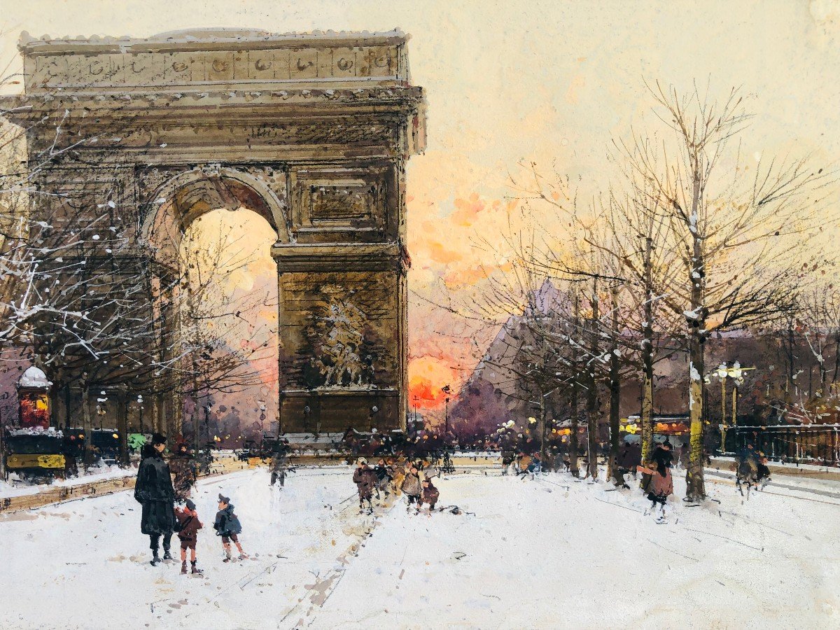 Galien Laloue French Painting 20th Paris The Champs Elysées And The Arc De Triomphe In Winter Gouache Signed Certificate Of Authenticity-photo-1