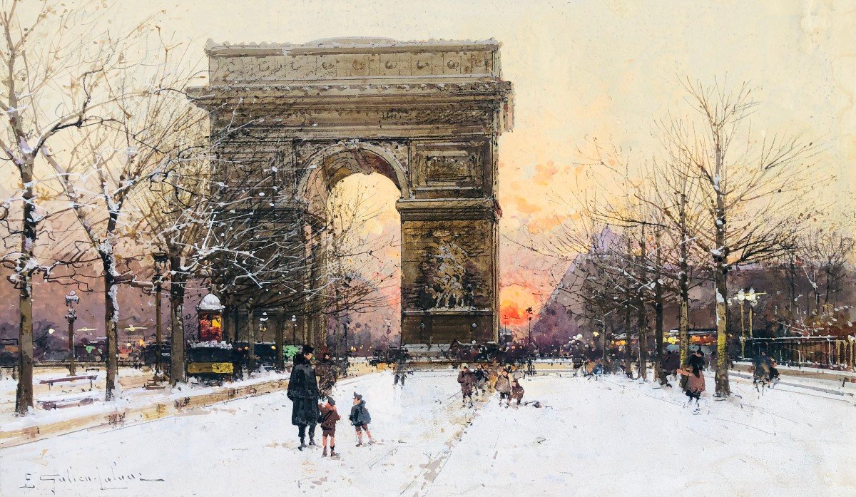 Galien Laloue French Painting 20th Paris The Champs Elysées And The Arc De Triomphe In Winter Gouache Signed Certificate Of Authenticity-photo-2