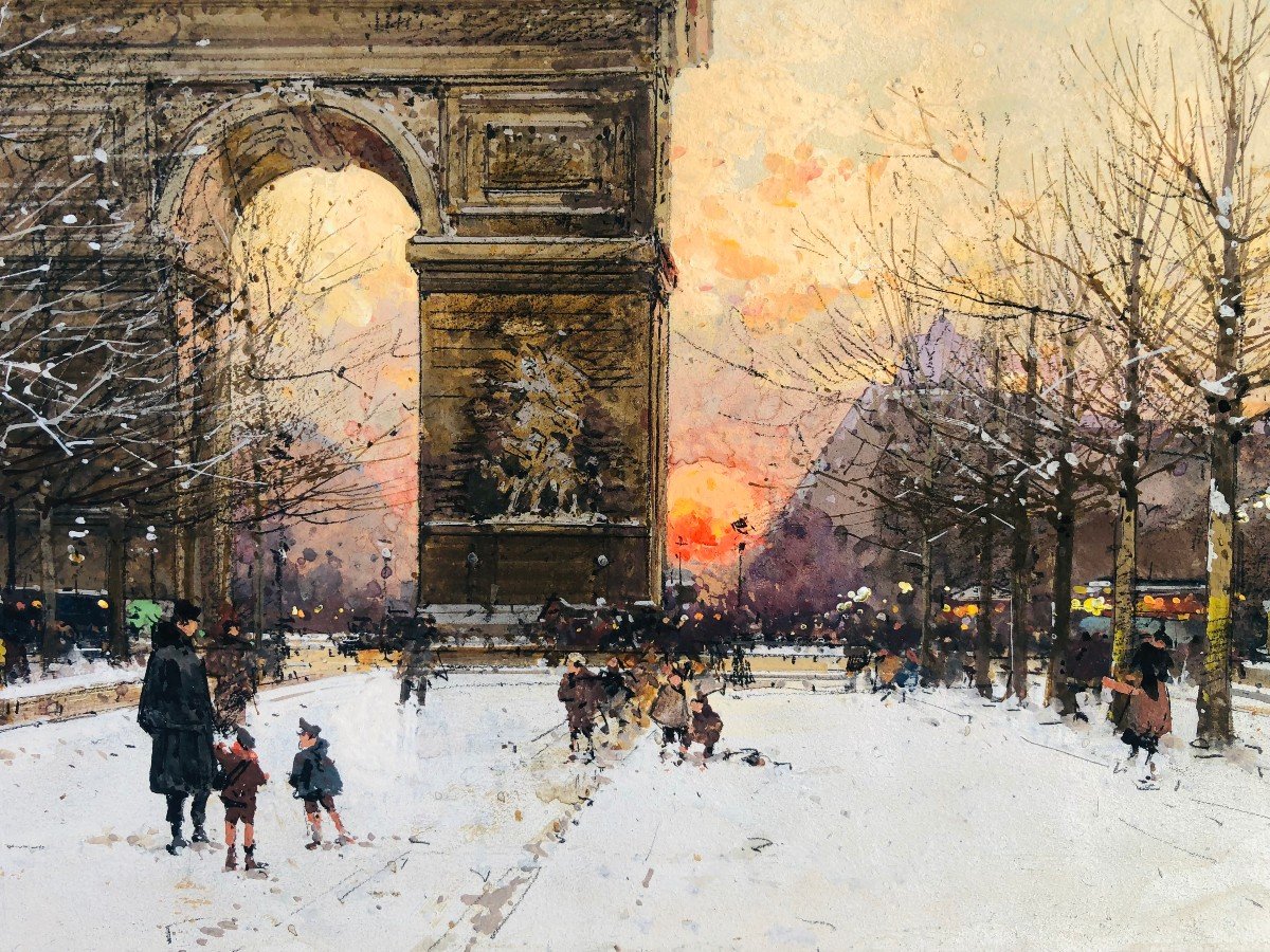 Galien Laloue French Painting 20th Paris The Champs Elysées And The Arc De Triomphe In Winter Gouache Signed Certificate Of Authenticity-photo-3