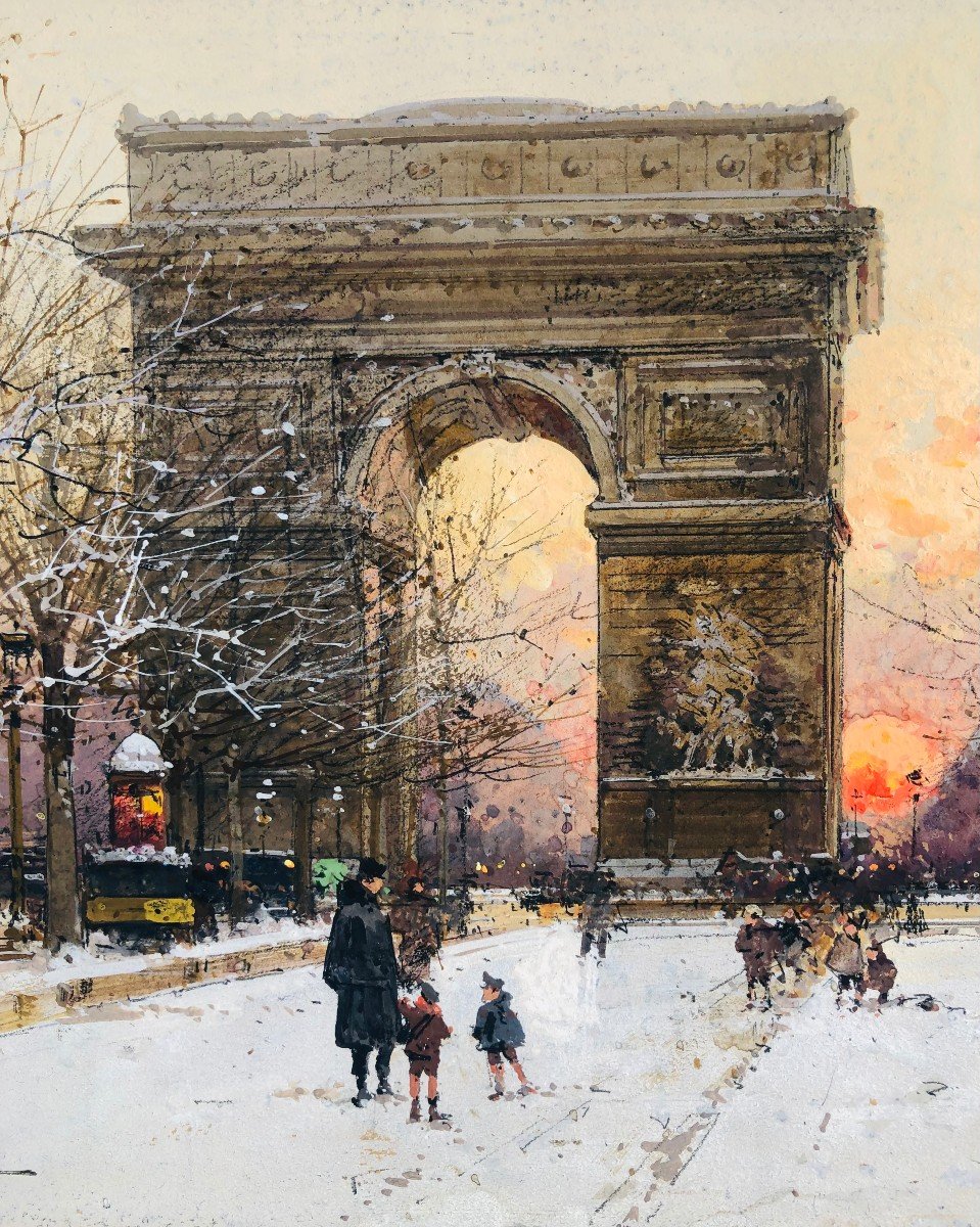 Galien Laloue French Painting 20th Paris The Champs Elysées And The Arc De Triomphe In Winter Gouache Signed Certificate Of Authenticity-photo-5