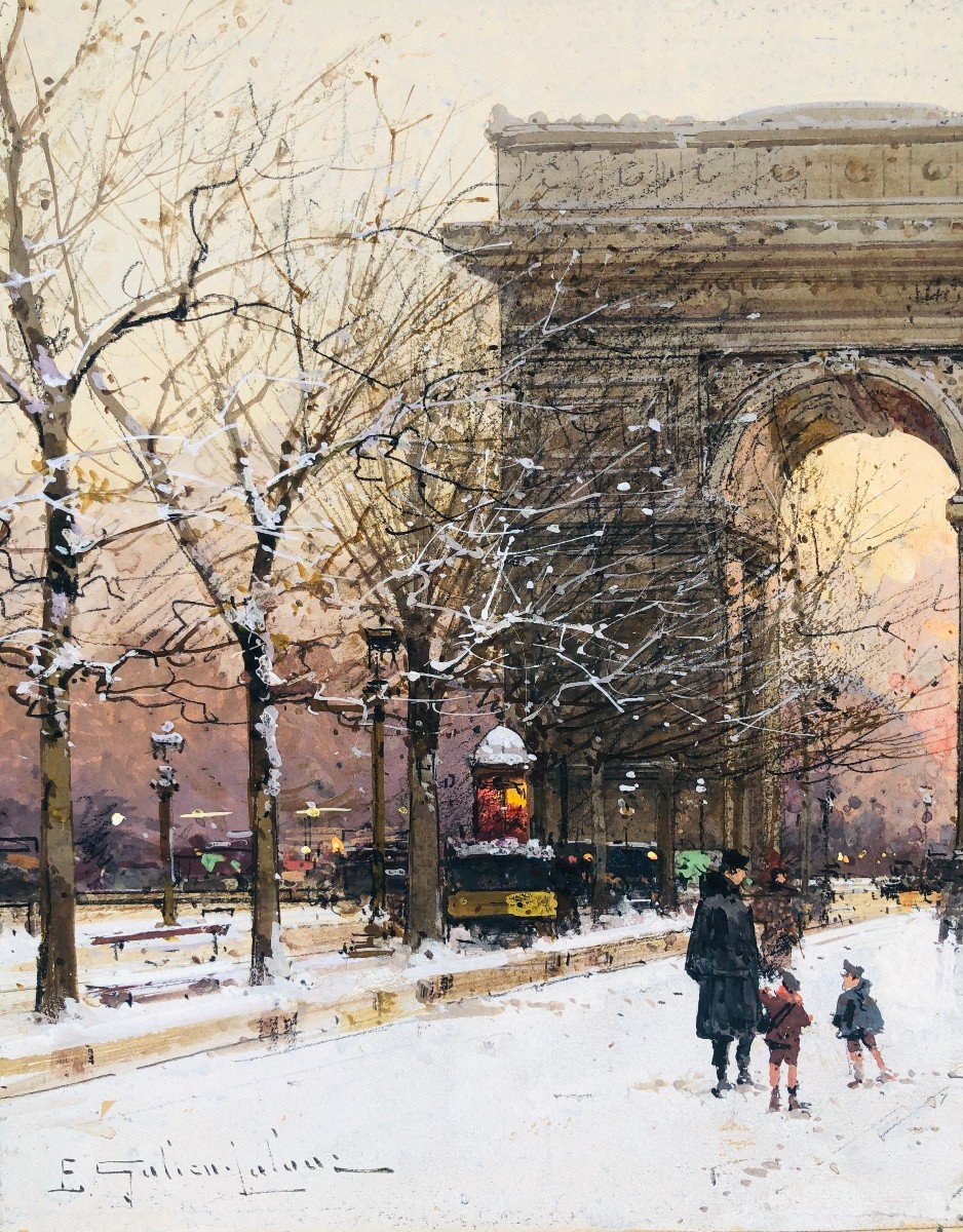 Galien Laloue French Painting 20th Paris The Champs Elysées And The Arc De Triomphe In Winter Gouache Signed Certificate Of Authenticity-photo-6