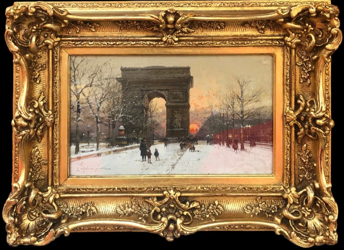 Galien Laloue French Painting 20th Paris The Champs Elysées And The Arc De Triomphe In Winter Gouache Signed Certificate Of Authenticity-photo-8