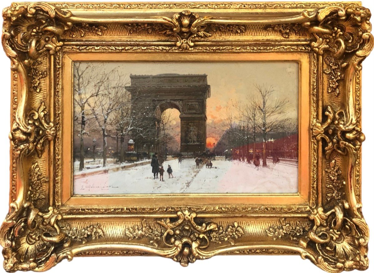 Galien Laloue French Painting 20th Paris The Champs Elysées And The Arc De Triomphe In Winter Gouache Signed Certificate Of Authenticity