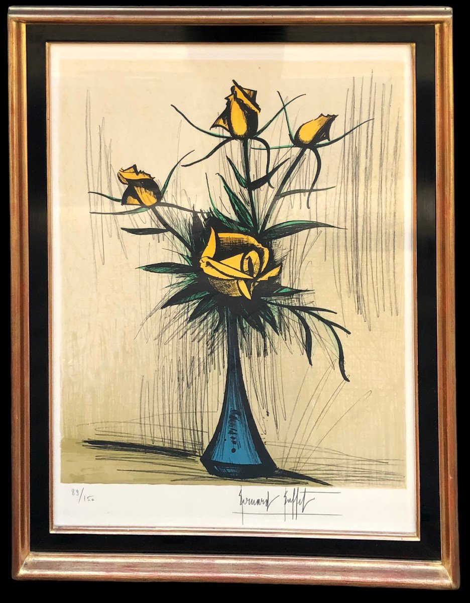 Buffet Bernard Roses Dans Un Vase Bleu 1979 Lithographie Couleurs Signée Numérotée Certificat-photo-4