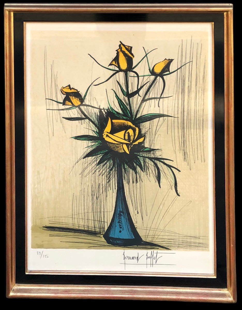 Buffet Bernard Roses Dans Un Vase Bleu 1979 Lithographie Couleurs Signée Numérotée Certificat