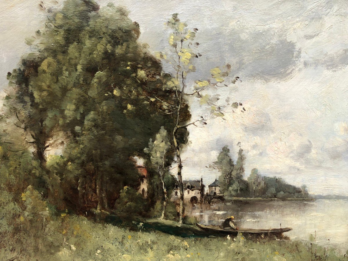 Trouillebert French Painting 19th Barbizon Fisherman In Boat Oil Signed Catalog Raisonné-photo-3