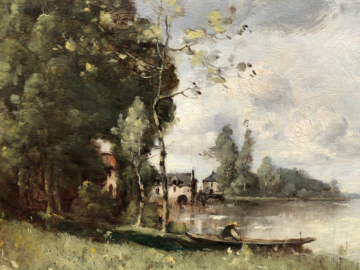 Trouillebert French Painting 19th Barbizon Fisherman In Boat Oil Signed Catalog Raisonné-photo-3