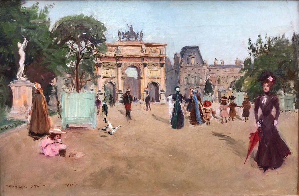 Stein Georges Paris Animation At The Arc De Triomphe From The Carrousel Du Louvre Oil On Canvas Signed-photo-2